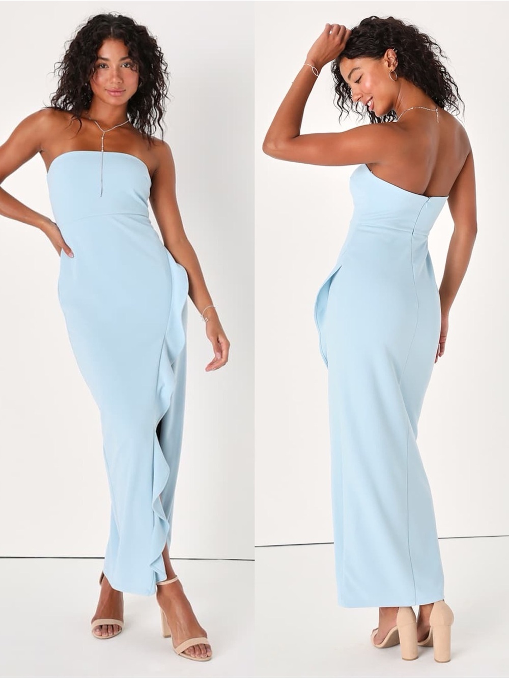 LULUS After Hours Light Blue Strapless Ruffled Maxi Dress